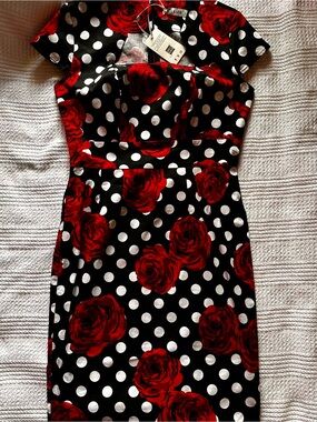 Grace Karin Black Polka Dot Midi Dress with Red Rose Print